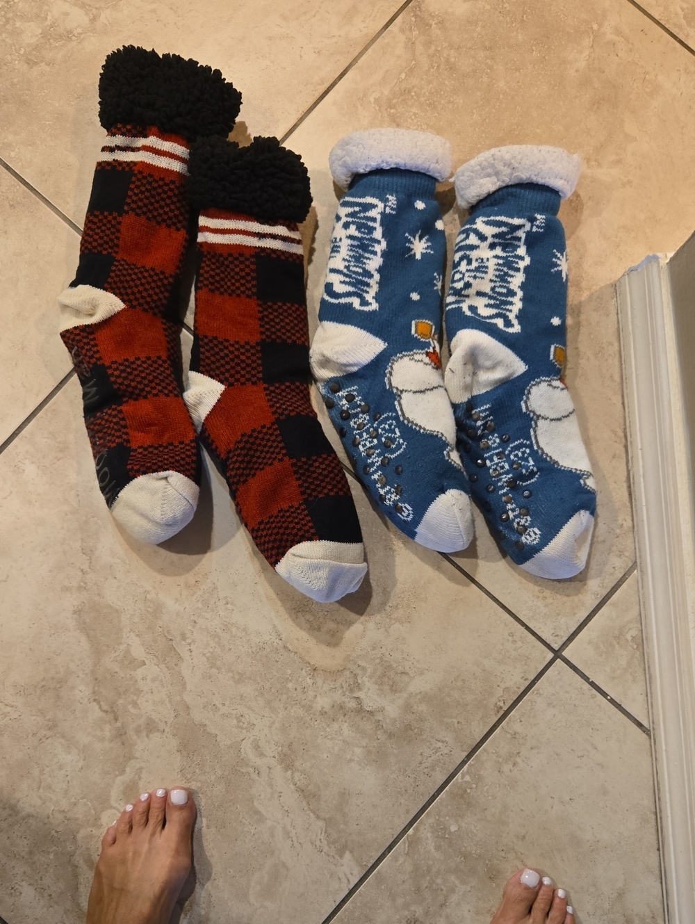 Cozy Sherpa-Lined Holiday Socks - Red Buffalo Plaid & Blue Snowman